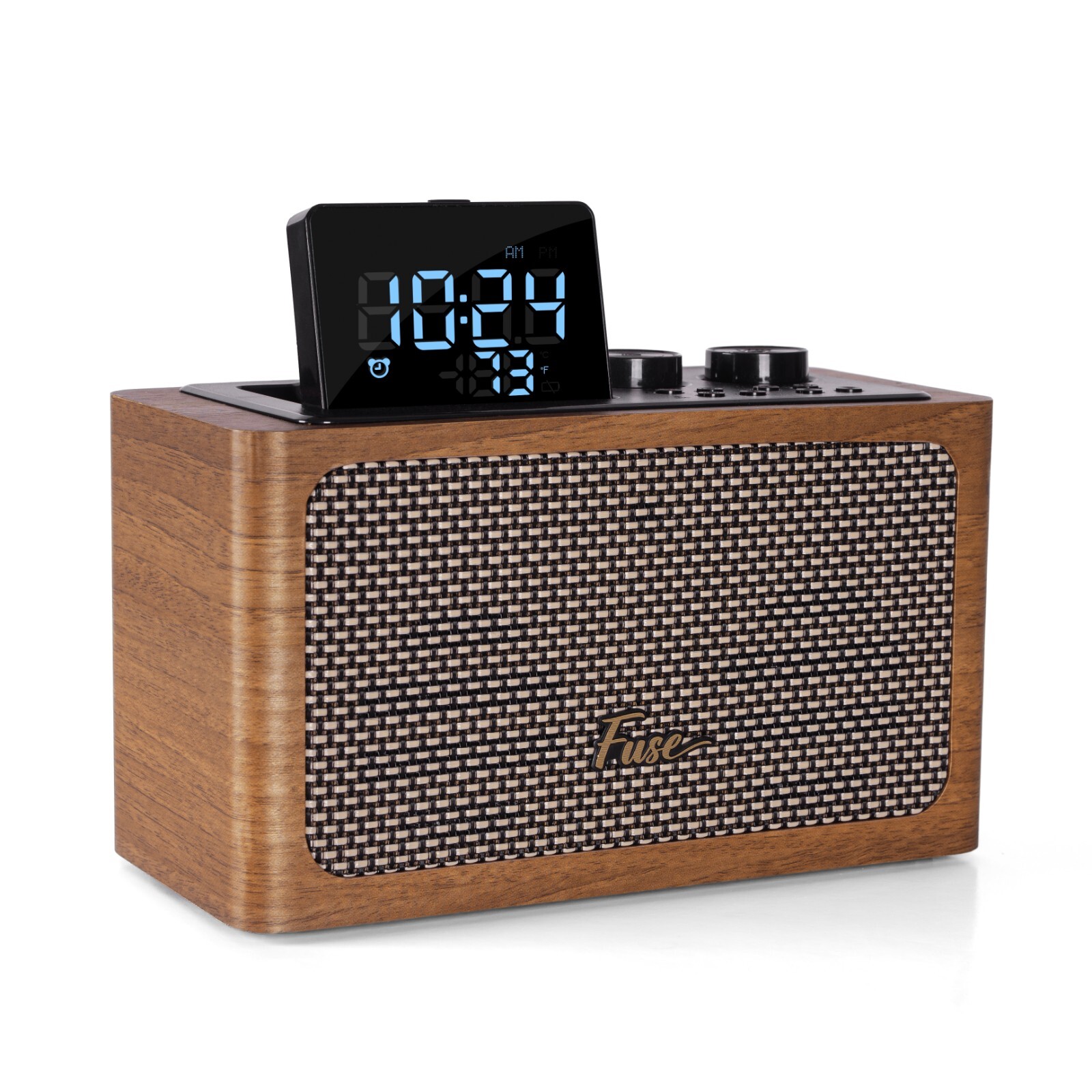 Fuse Zide Brown Vintage Alarm Clock Radio Speaker w/ Bluetooth & LCD Screen