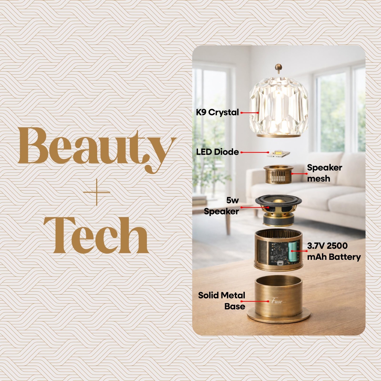Fuse Soluna Crystal Bluetooth Speaker Lamp w/ Bluetooth & Hand Polished Prism