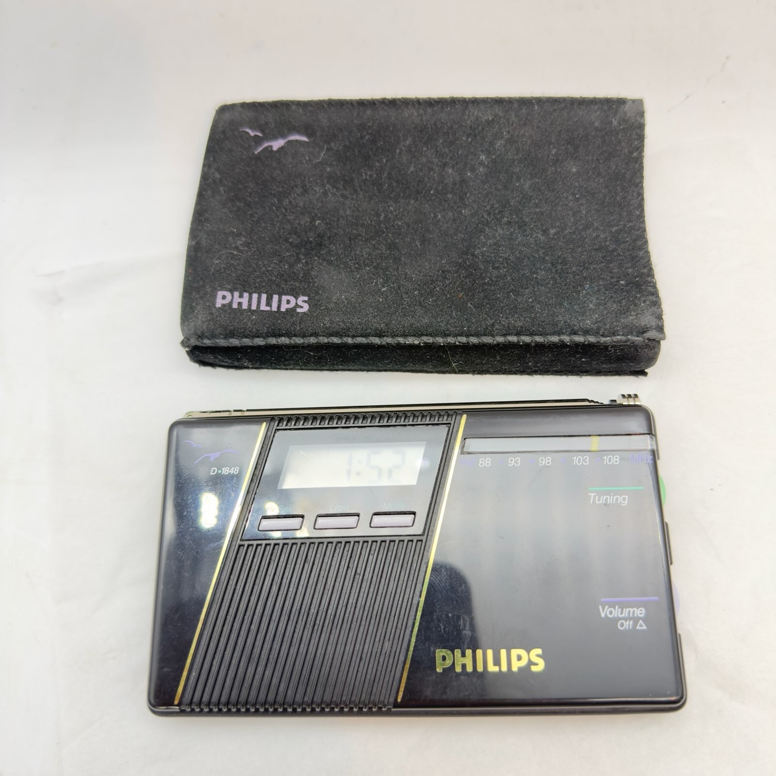 Philips D-1848 Portable Travel FM Radio Clock LCD Pocket Receiver Works w Case