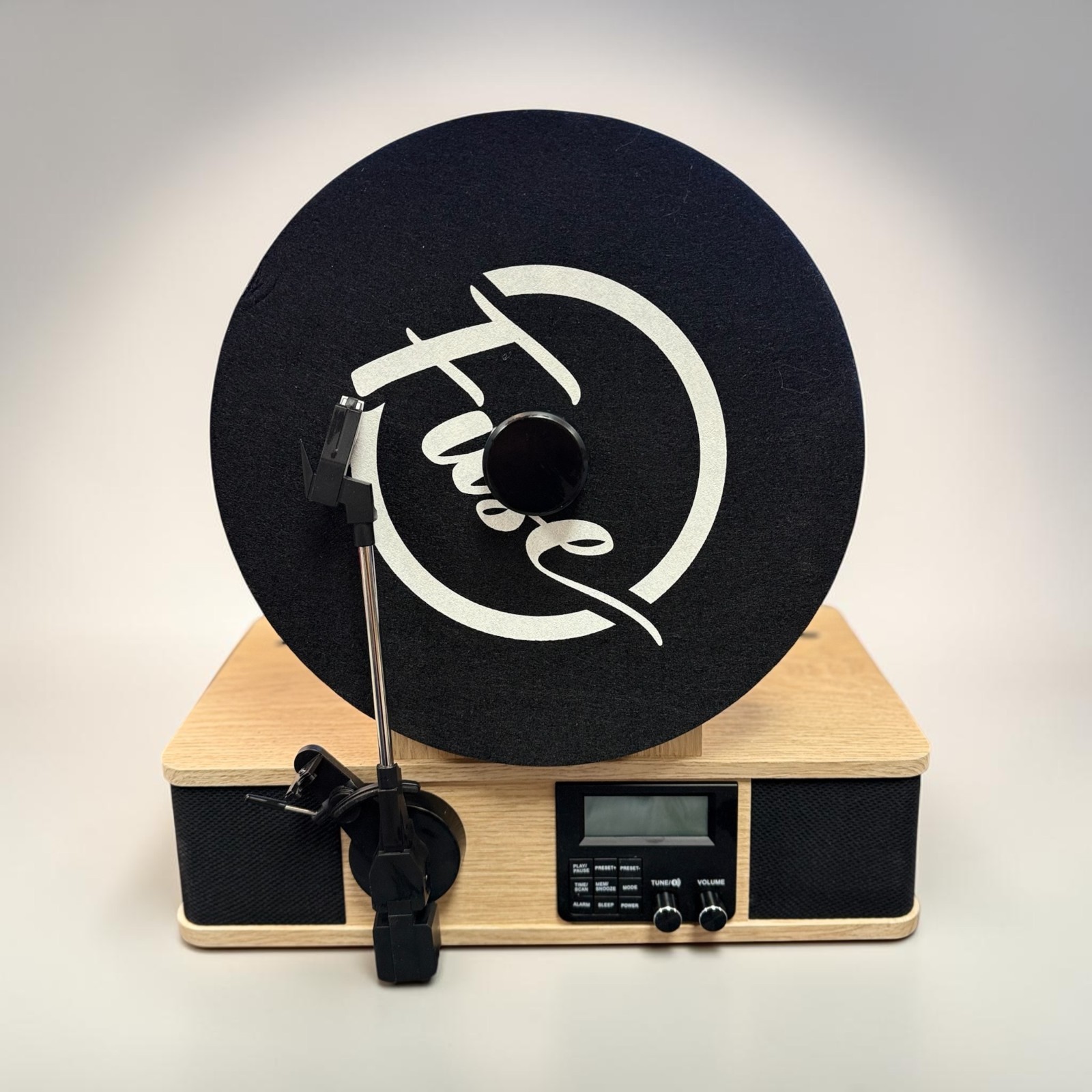 Fuse Wrap Vertical Vinyl Record Player Radio Bluetooth Alarm Clock Bamboo